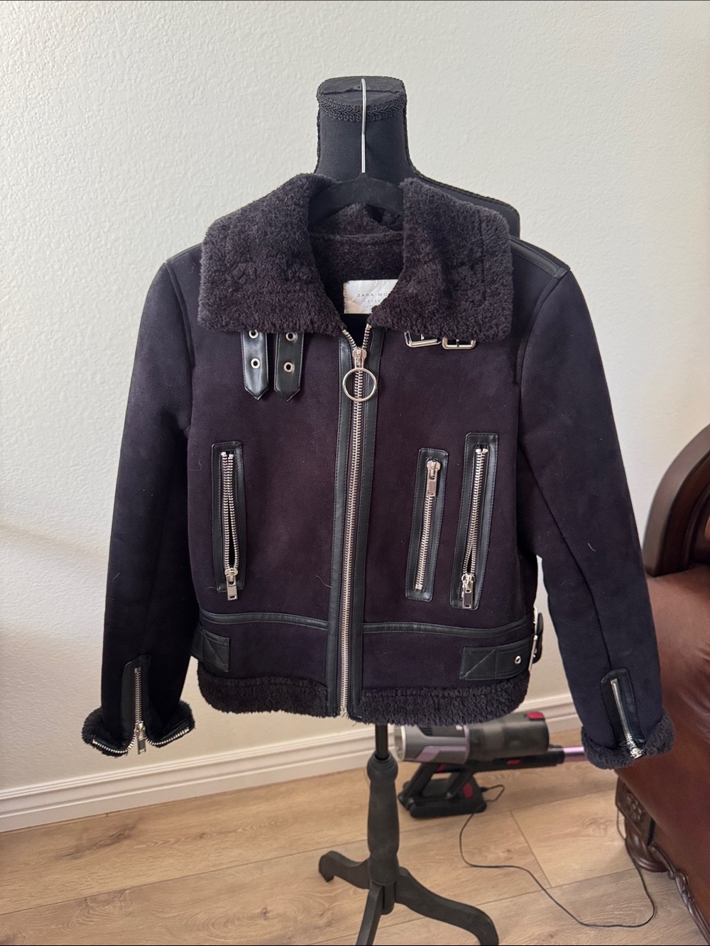 Zara Black Shearling-Trim Bomber Jacket
